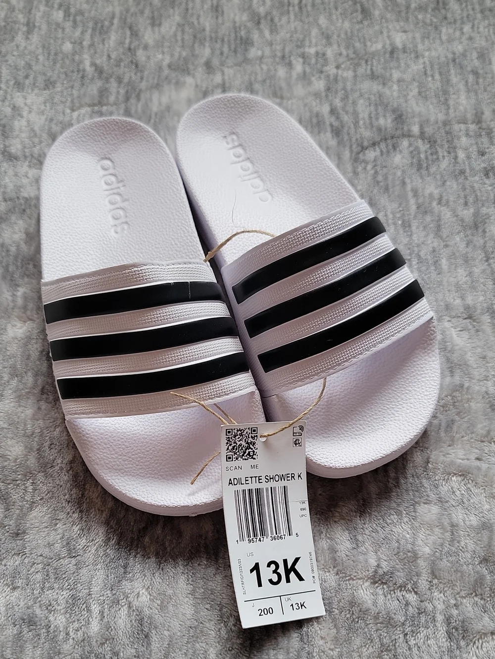 Adidas Kids White Slides with Black Stripes Size 13